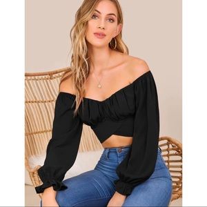 Off The Shoulder Ruched Bust Tie Back Crop Top